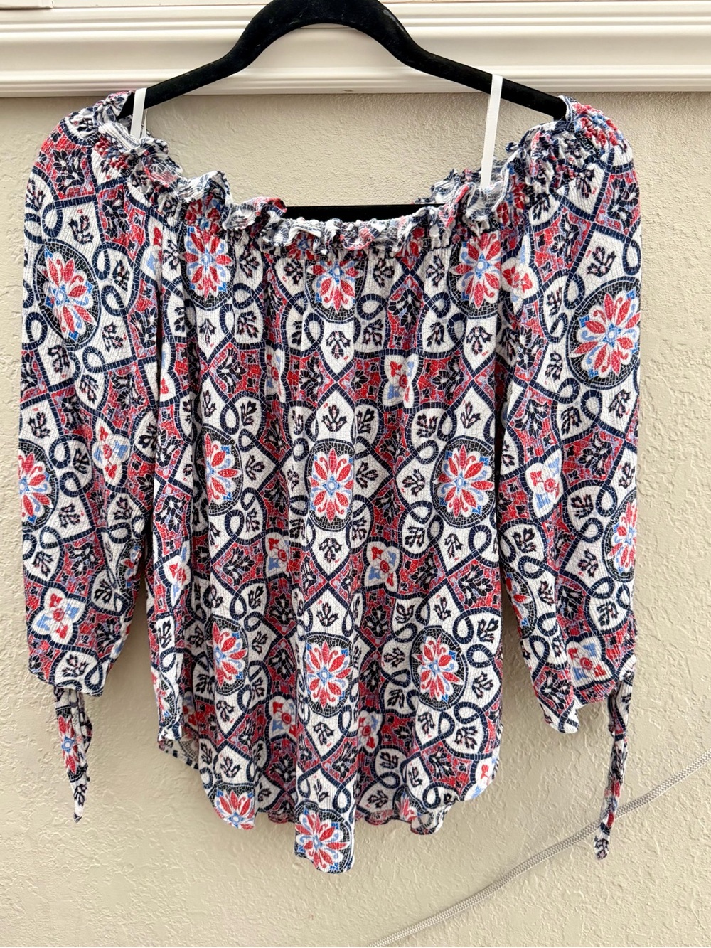 Michael Kors Boho Off-Shoulder Floral Print Top in Navy & Coral